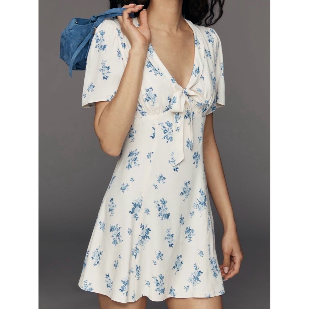 Reformation Tyra Mini Dress Feminine Cute Floral Blue White Dress